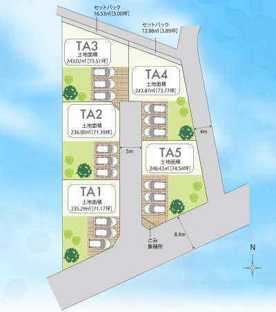 宅地図／TA1 土地面積235.29㎡(71.17坪)／TA2 土地面積236.00㎡(71.39坪)／TA3 土地面積243.02㎡(73.51坪)／TA4 土地面積243.87㎡(73.77坪)／TA5土地面積246.43㎡(74.54坪)